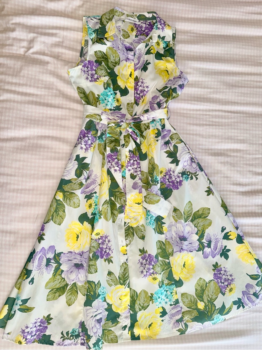 Calvin Klein Yellow & Purple Floral Shirtwaist Dress with Tie Belt - Picture 1 of 11
